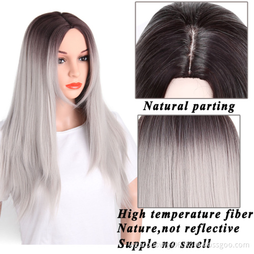 Vigorous Middle Part Straight Synthetic Wig Ombre Dark Root To Silver White Wig Heat Resistant Fiber Long Cosplay Wig For Women